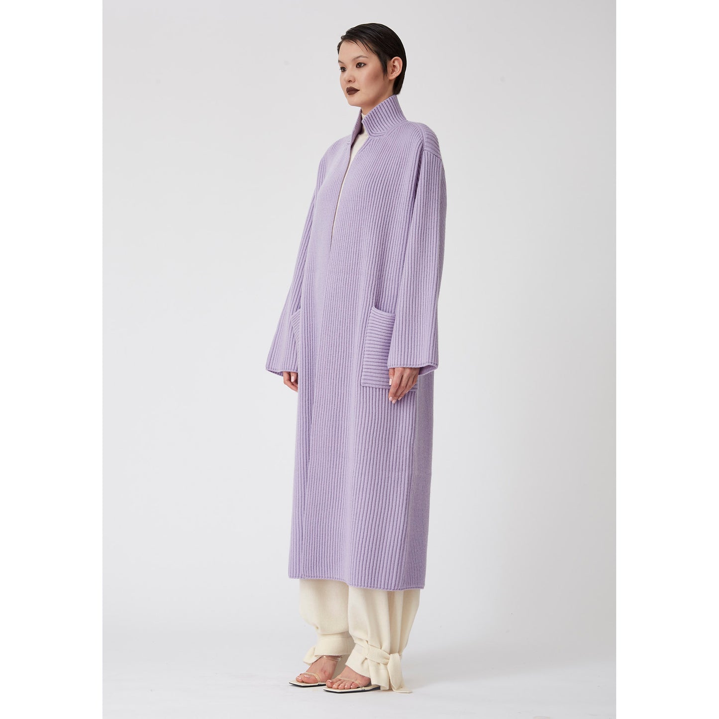 Light Purple Ribbed Knit Cashmere Long Coat