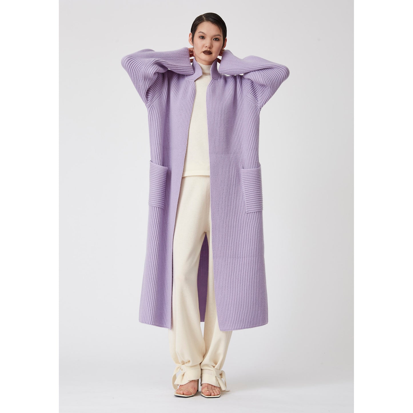 Light Purple Ribbed Knit Cashmere Long Coat