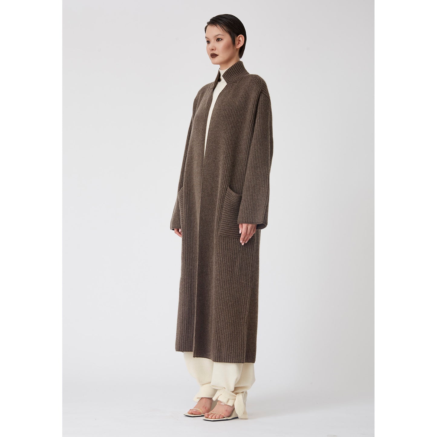 Brown Ribbed Knit Cashmere Long Coat