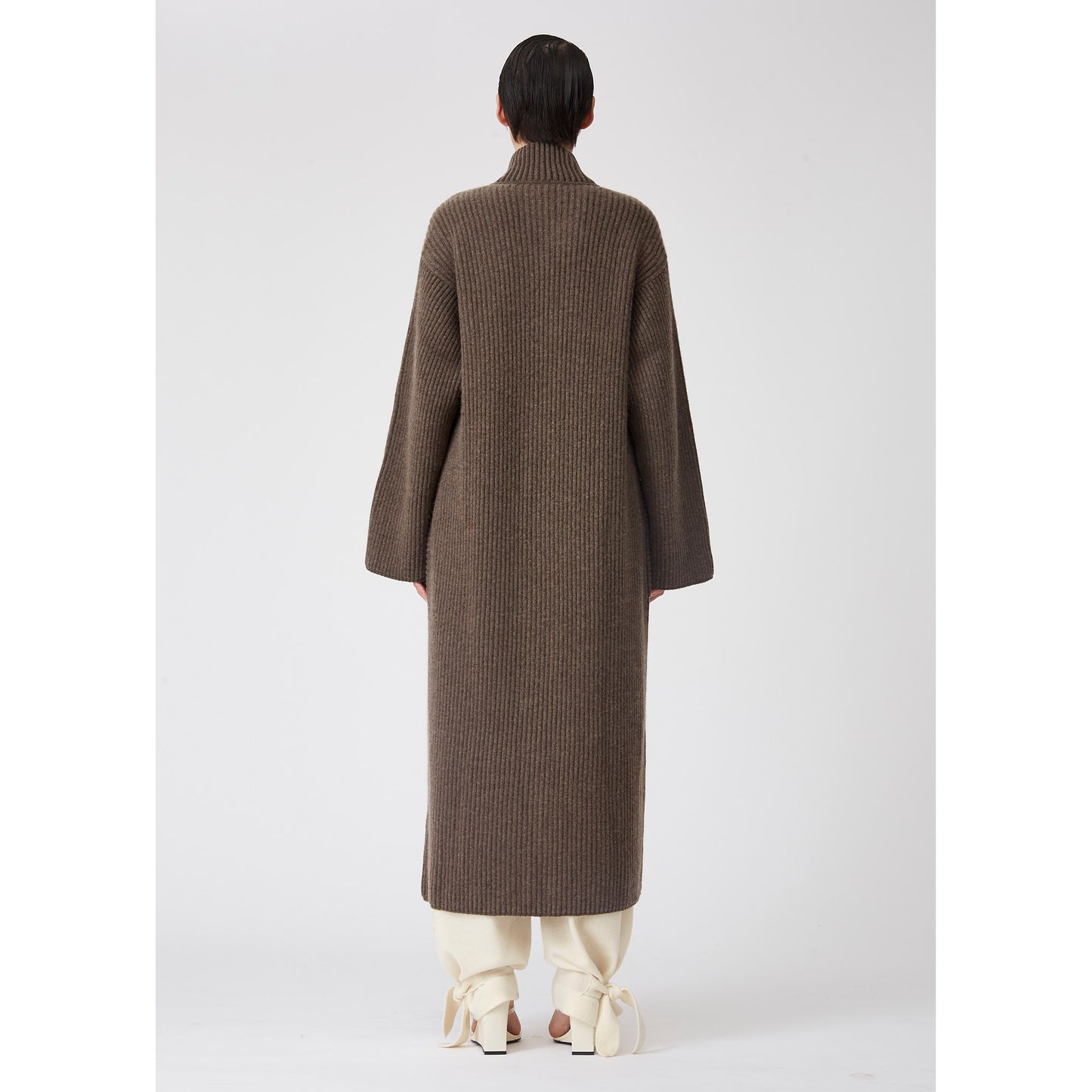 Brown Ribbed Knit Cashmere Long Coat