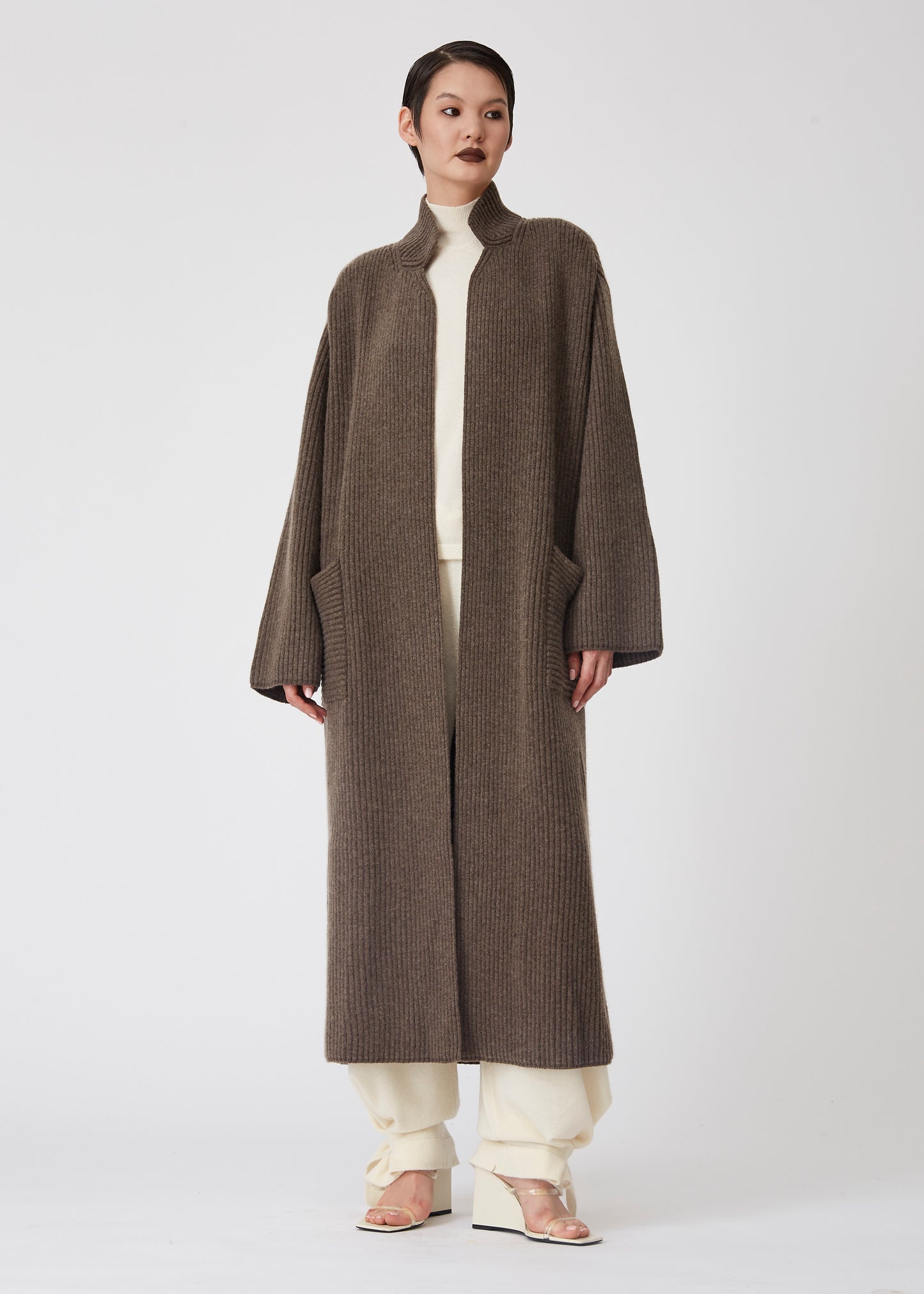 Brown Ribbed Knit Cashmere Long Coat