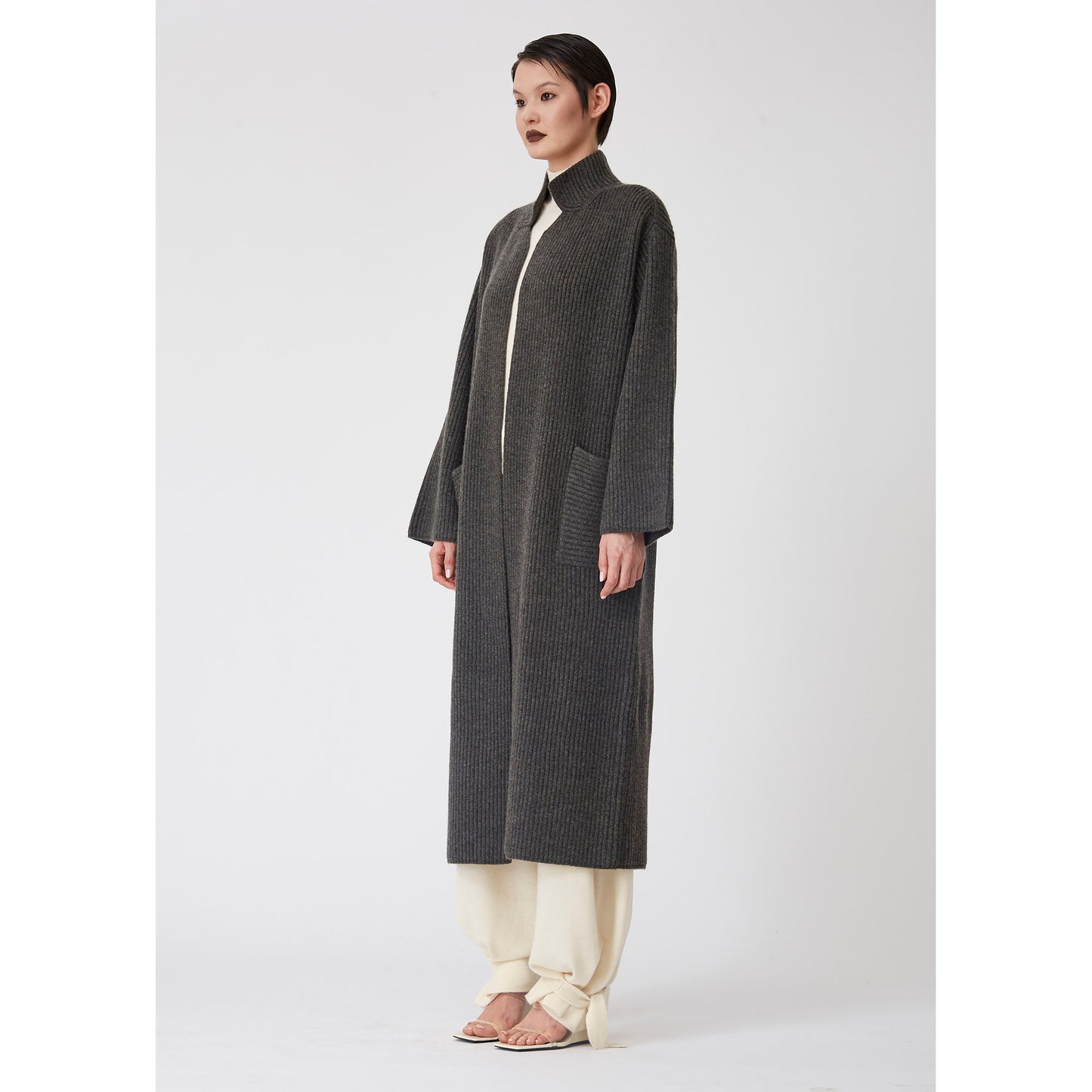 Dark Grey Ribbed Knit Cashmere Long Coat