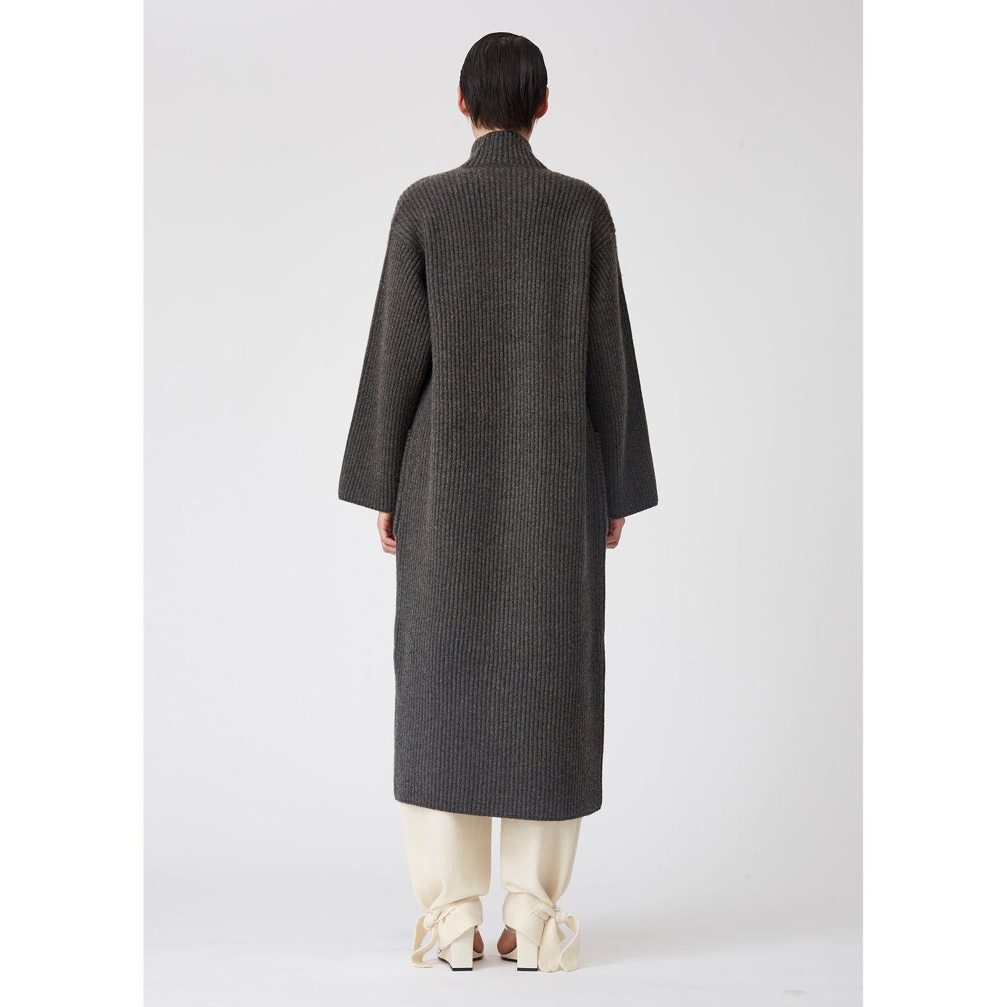 Dark Grey Ribbed Knit Cashmere Long Coat