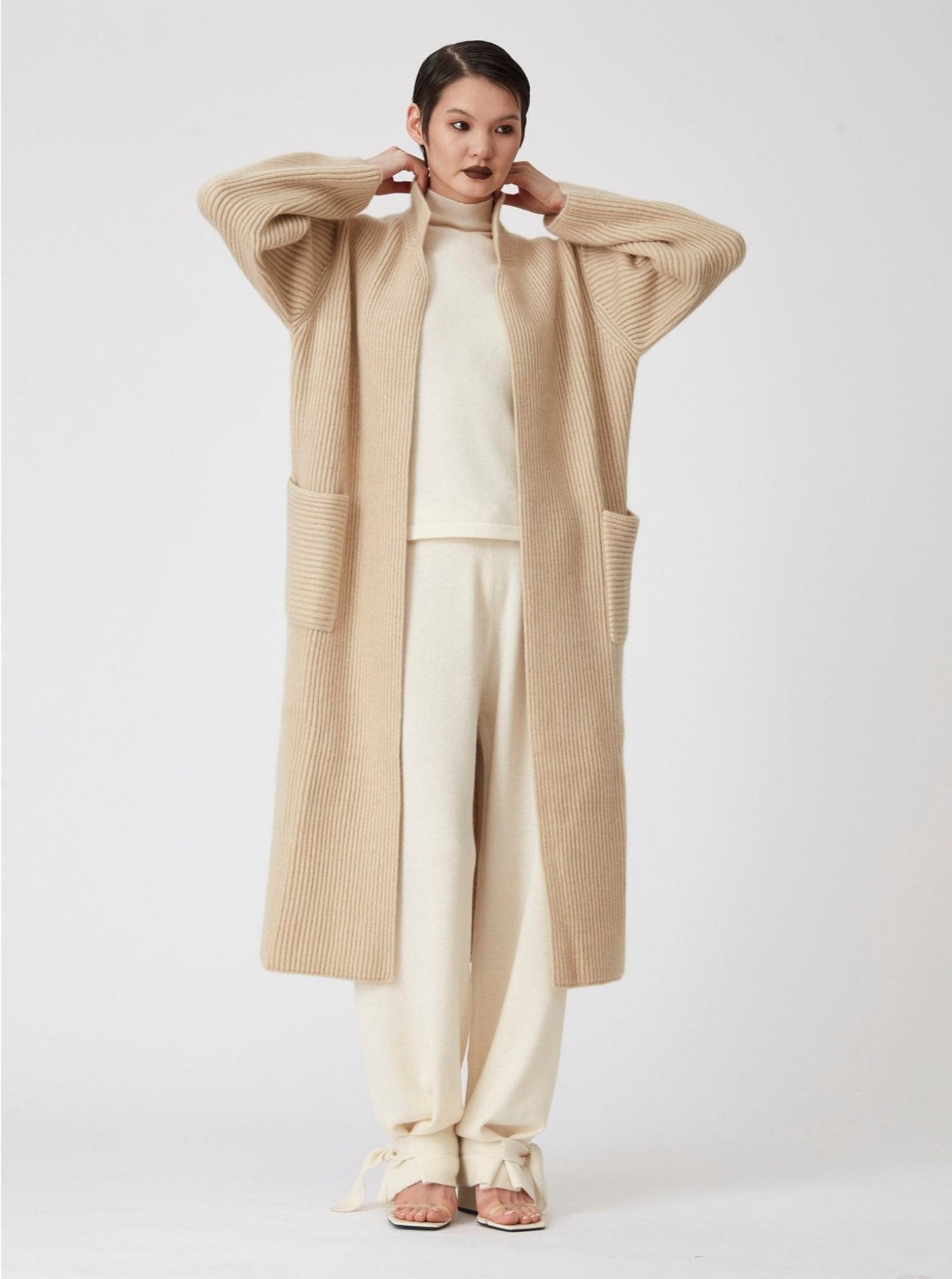 Beige Ribbed Knit Cashmere Long Coat