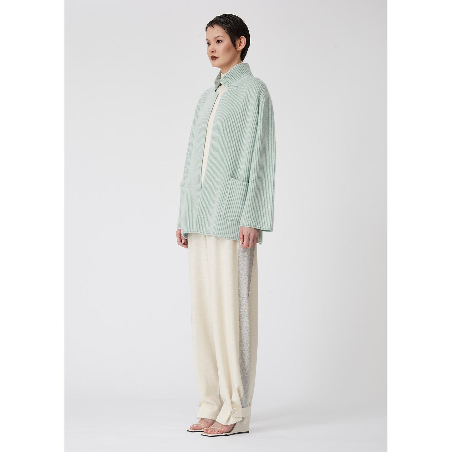 Ice Blue Ribbed Knit Cashmere Jacket