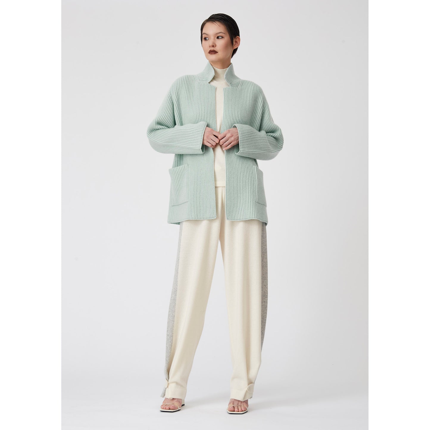 Ice Blue Ribbed Knit Cashmere Jacket