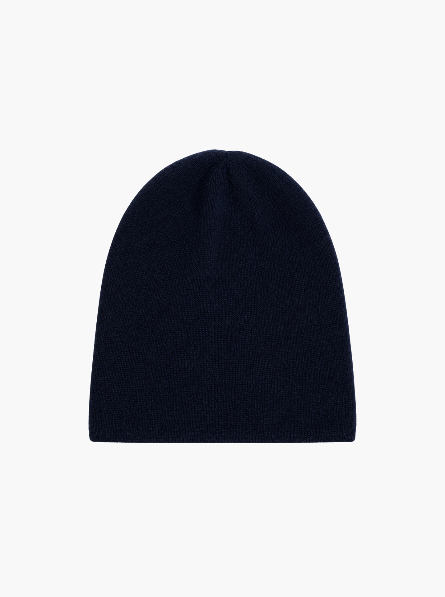 A dark navy blue knit beanie hat, photographed flat against a solid white background.