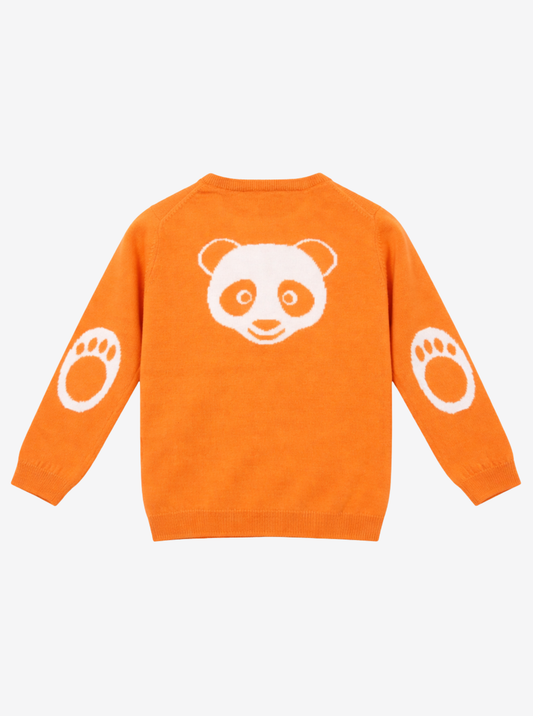 Back view of orange kid's knit jumper with white panda face on the back and white paw design on the elbows.