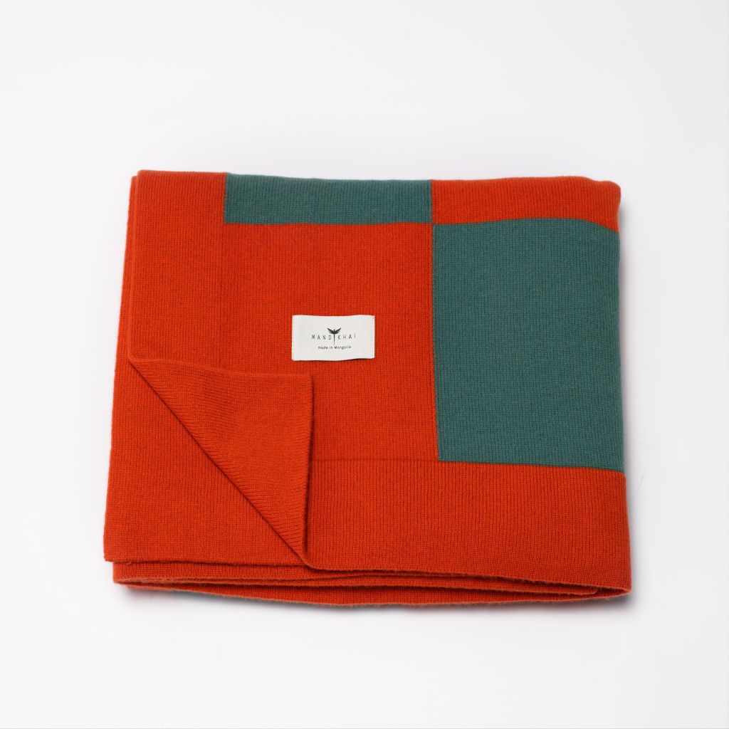 Orange/Green Checkerboard Cashmere Blanket